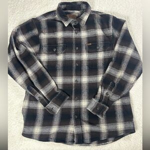 Orvis Heavyweight Plaid Flannel Shirt Jacket Mens Large brown black cream